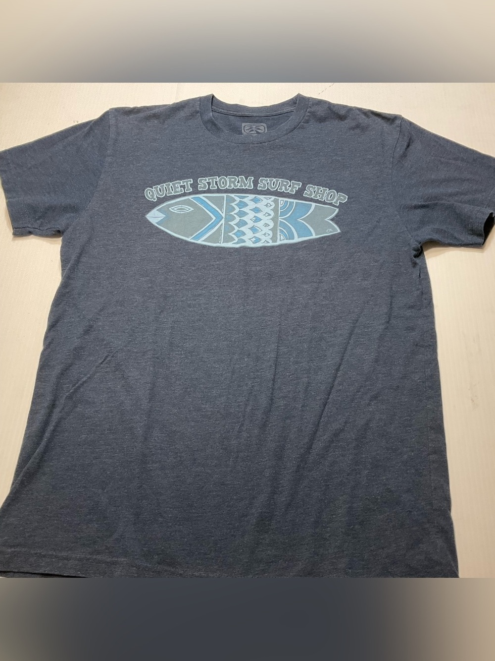 Quiet Storm Surf Shop T Shirt Fish Graphic Men/Unisex Sz M Heathered Blue Beach
